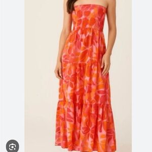 Abel The Label Rumi Strapless Smock Tiered Floral Maxi Dress Pink Orange Sz M